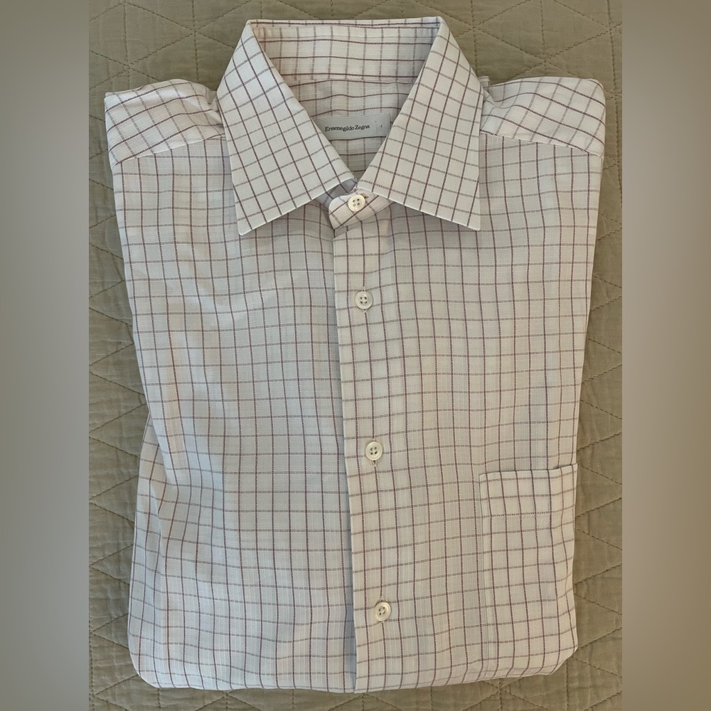Ermenegildo Zegna Woven Grid Burgundy Check Spread Collar Shirt Size 41/16 $425
